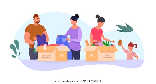 Clothes And Food Donation. Volunteer Collecting Box Humanitarian Help, Charity People Giving Grocery Goods For Homeless Shelter, Volunteers Social Work Vector Illustration Of Charity Volunteering