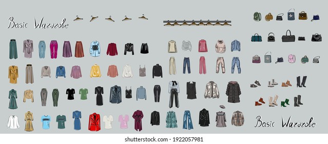 Clothes, footwear,  shoes and bags. Coats, dresses, skirts, blouses, trousers, jeans, backpack, briefcase, handbags. Fashion. The basic wardrobe of a minimalist. Isolated vector object. 