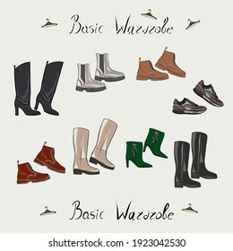 Clothes, footwear,  shoes and bags. Coats, dresses, skirts, blouses, trousers, jeans, backpack, briefcase, handbags. Fashion. The basic wardrobe of a minimalist. Isolated vector object. 