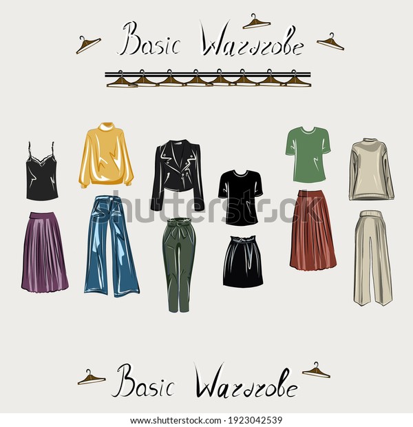 Clothes, footwear,  shoes and bags. Coats, dresses,\
skirts, blouses, trousers, jeans, backpack, briefcase, handbags.\
Fashion. The basic wardrobe of a minimalist. Isolated vector\
object. 