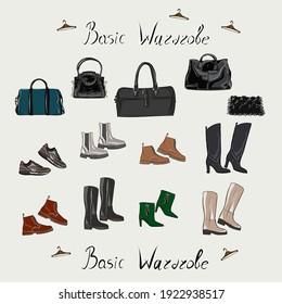 Clothes, footwear,  shoes and bags.  Fashion. The basic wardrobe of a minimalist. Isolated vector object. 