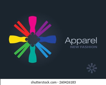 Clothes forming a colorful circle icon. Business sign template for Fashion industry, apparel labeling, clothes boutique. Vector graphics representing concept of diversity, freedom, beautiful clothes.