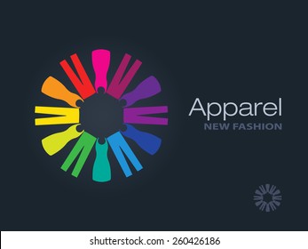 Clothes forming a colorful circle icon. Business sign template for Fashion industry, apparel labeling, clothes boutique. Vector graphics representing concept of diversity, freedom, beautiful clothes.