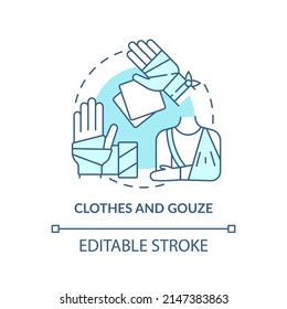 Clothes and gauze turquoise concept icon. First aid kit components. Action during war abstract idea thin line illustration. Isolated outline drawing. Editable stroke. Arial, Myriad Pro-Bold fonts used