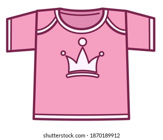 Clothes for girls, isolated icon of pink shirt with print or crown. Little princess outfit, clothing for little babies and teenagers. Stylish minimalist apparel for kids. Children fashion, vector