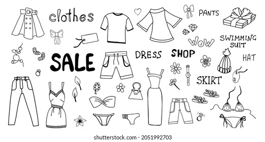 Clothes hand drawn doodle set. Apparel and accessories.
