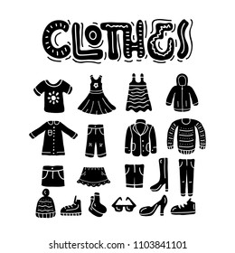 Clothes hand drawn icons. Vector illustration.