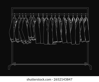 Clothes hang neatly on a simple rack with clean lines against a dark background. The minimalist line drawing emphasizes fashion essentials. The monochrome style creates a modern and versatile design.