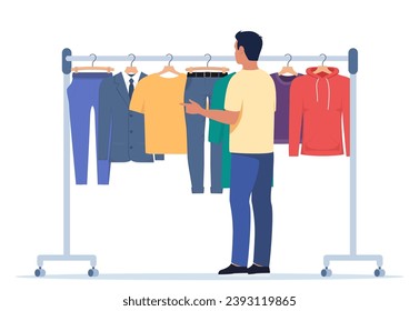 La ropa cuelga de una percha. Tienda de moda, sala de espectáculos variada. El hombre se para delante de un tendedero de ropa y elige la ropa. Pantalones, capucha, chaqueta, camiseta en perchas. Ilustración del vector