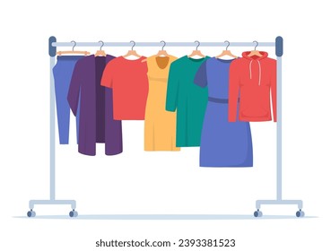 Clothes hang on a hanger. Fashion boutique, assortment showroom. Women's personal wardrobe, dressing room. Dress, tunic, blouse on hangers. Vector illustration