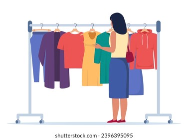 Clothes hang on a hanger. Fashion boutique, assortment showroom. Woman stands in front of clothes rack and chooses clothes. Dress, tunic, blouse on hangers. Vector illustration