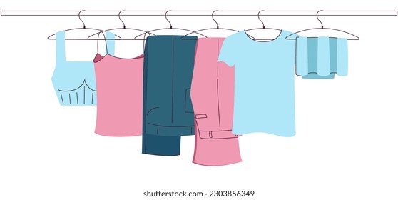 Clothes hang on hangers in a row, flat illustration on a white background