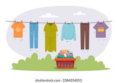 Clothes hang on laundry rope clothesline and dry concept. Vector flat graphic design illustration