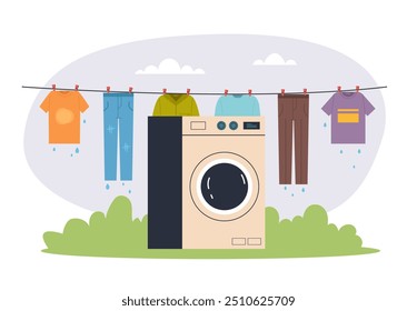 Clothes hang on laundry rope clothesline and dry concept. Vector flat graphic design illustration