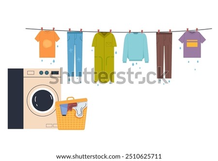 Clothes hang on laundry rope clothesline and dry concept. Vector flat graphic design illustration
