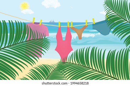 La ropa cuelga de una cuerda en la playa. vector
