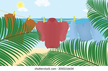 Clothes hang on rope on beach. vector
