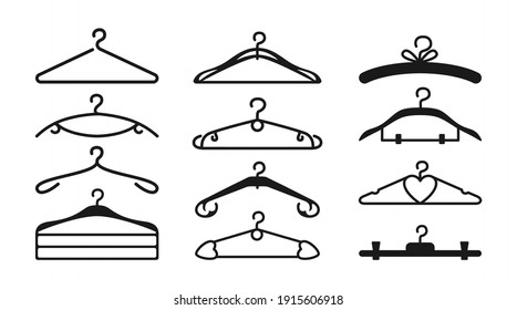 Clothes hanger black silhouette set. Hand drawn hangers accessory wardrobe clothing, wear. Shop storage boutique cloakroom. Fashion style scribble icon. Design elements sale tag. Vector illustration