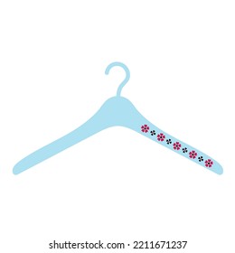 Percha de ropa de color azul, decorada con flores rojas y negras, vector plano, aislado en blanco, elemento único, concepto, logotipo para tienda de ropa