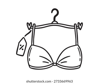 Percha de ropa y sujetador doodle dibujado a mano icono. Esquema de dibujo Clipart de línea de lencería. Ilustración vectorial