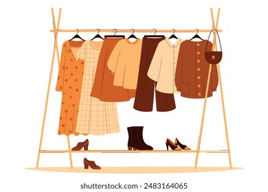 Clothes hanger, clothing organization concept. Clothes, shoes, bags