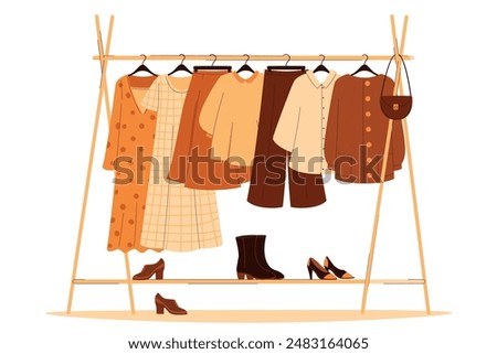 Clothes hanger, clothing organization concept. Clothes, shoes, bags