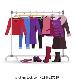 Clothes hanger with different casual woman clothes, footwear. Wardrobe with jeans, jackets, coat, dress. Autumn, winter, seasonal clothes. Vector illustration in flat style.