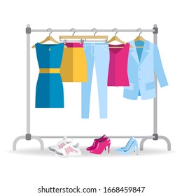 Clothes hanger with different casual woman clothes, footwear. - capsule wardrobe Wardrobe with jeans, jacket, skirt, dress. Autumn, spring, summer seasonal clothes. Vector illustration in flat style.