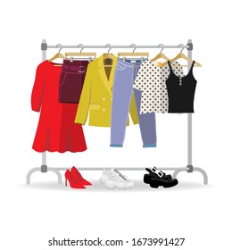 Clothes hanger with different casual woman clothes, footwear. - capsule wardrobe Wardrobe with jeans, jacket, skirt, dress. Autumn, spring, summer seasonal clothes. Vector illustration in flat style.