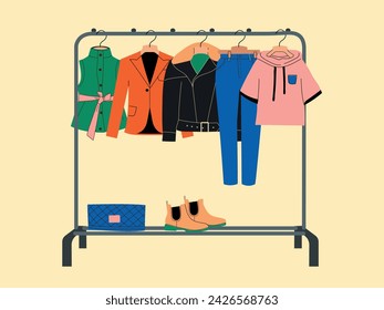 Clothes hanger with different casual  woman clothes. Casual seasonal clothes. Boutique, personal wardrobe, assortment showroom, . Closet. Vector illustration in flat style.