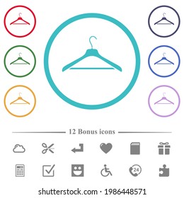 Clothes hanger flat color icons in circle shape outlines. 12 bonus icons included.