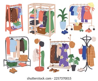 Clothes hanger flat icons set. Trendy summer outfits for children and adult. Wardrobe with dress, warm sweater, skirt and hat on hooks. House decor elements. Color isolated illustrations