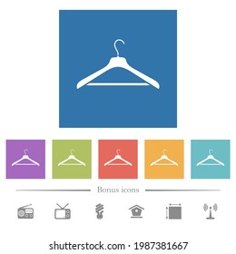 Clothes hanger flat white icons in square backgrounds. 6 bonus icons included.