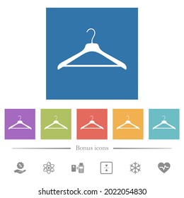 Clothes hanger flat white icons in square backgrounds. 6 bonus icons included.