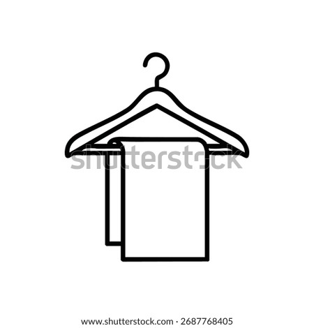 Clothes Hanger with Folded Towel Icon. This crisp graphic features a garment suspended with soft linen on a dark backdrop. It conveys notions of fresh laundry, organized living, and attentive service.