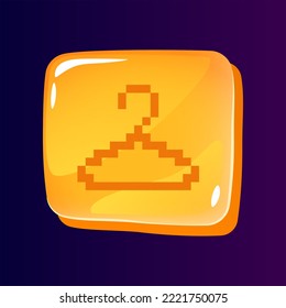 Clothes hanger glossy ui button with pixelated icon. Fashion store. Editable 8bit graphic element on shiny square shape. Isolated vector user interface image for web, mobile. Retro style game design