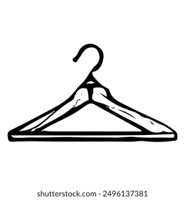 Clothes hanger hand drawn doodle. Storing things in a closet. Laundry room. Cleaning the house. Vector outline line art illustration.