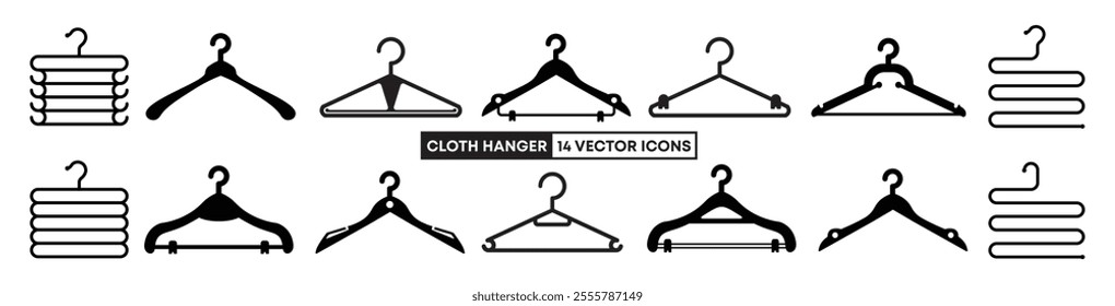 Clothes hanger icon collections. Vector hanger for closet, suit, coat, shirt or pant. Fashion hanger icons. Hang rack symbols. Dress clothing flat hangers. EPS 10 vector illustration.