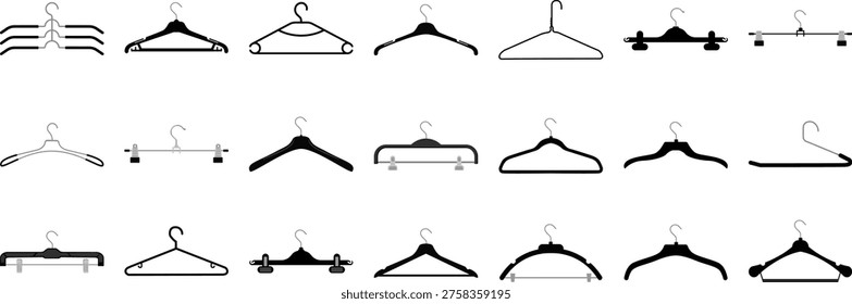 Clothes hanger icon. Set of black clothes hanger vector icons. Hanger for cloakroom or closet. Clothes hanger icon vector glyph flat and trendy stroke line packs on white background. Vector isolated illustration