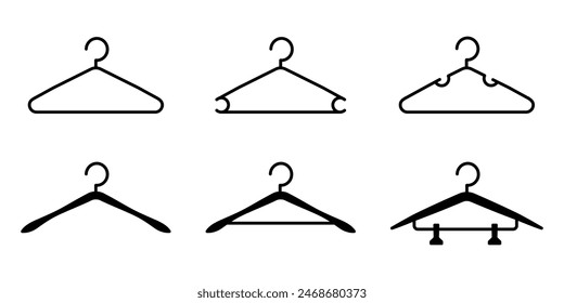 Clothes hanger icon set. Cloakroom pictogram. Wardrobe sign. Coat rack symbol.