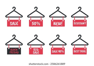 Clothes Hanger Icon set with sale tag