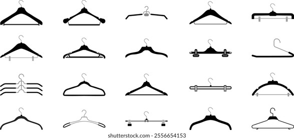 Clothes Hanger Icon Set. Vector Hangers for Closet, Coat, Shirt, Suit. Plastic and Metal Hangers for Wardrobe Organization. Hanger Icons for Fashion, Retail, Laundry Services. Vector Illustration EPS.