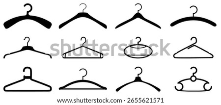 Clothes hanger icon. Set of clothes hanger vector icons. Hanger for cloakroom or closet. Hang for coat, shirt or suit. Clothes hanger silhouette collection. Clothing and Wardrobe Vector Icons