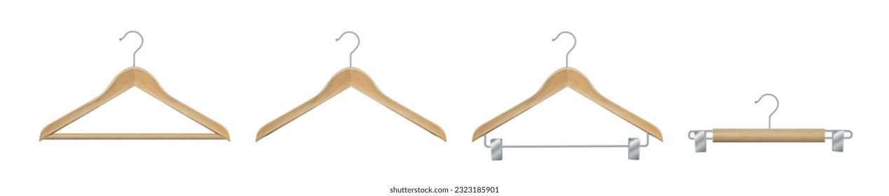 Clothes hanger isolated on white background. Wooden hanger Realistic vector clothes hanger wooden hanger closeup isolated on background. Design template, clipart or layout for graphics. Vector