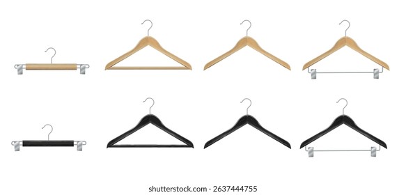 Clothes hanger isolated on white background. Wooden hanger Realistic vector clothes hanger wooden hanger closeup isolated on background. Design template, clipart or layout for graphics. Vector