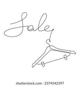 Clothes hanger line continuous icon. Sale sign vector. Text lettering, hand drawing. Graphic design, banner, brochure, showcase sign, retail shop, outlet, card, symbol. Shopping, discount.