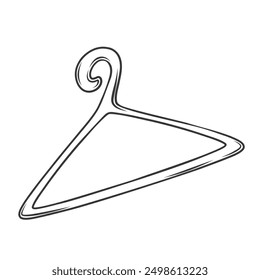 Clothes hanger line icon. Hand drawn retro plastic or wooden tool with hook to hang suit, skirt or dress on wardrobe rack. Sewing, fashion store mascot, doodle empty hanger icon vector illustration