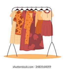 Clothes hanger rack, clothing organization concept. Summer women dresses of different lengths