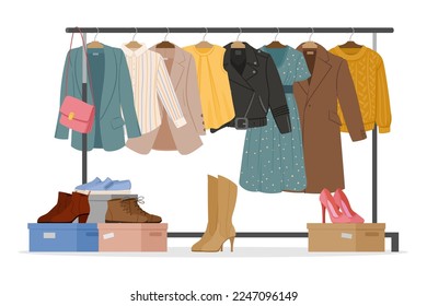 Clothes hanger rail. Cartoon casual garments and accessories, fashionable wardrobe clothing flat vector illustration. Modern apparel on cloth rack