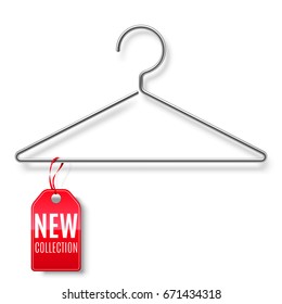 Clothes hanger with red new collection tag isolated on white background